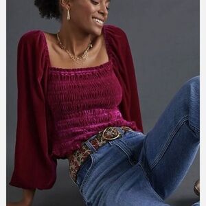 Anthropologie Magenta Pink Rose Smocked Velvet Puff Sleeve Peasant Blouse, M